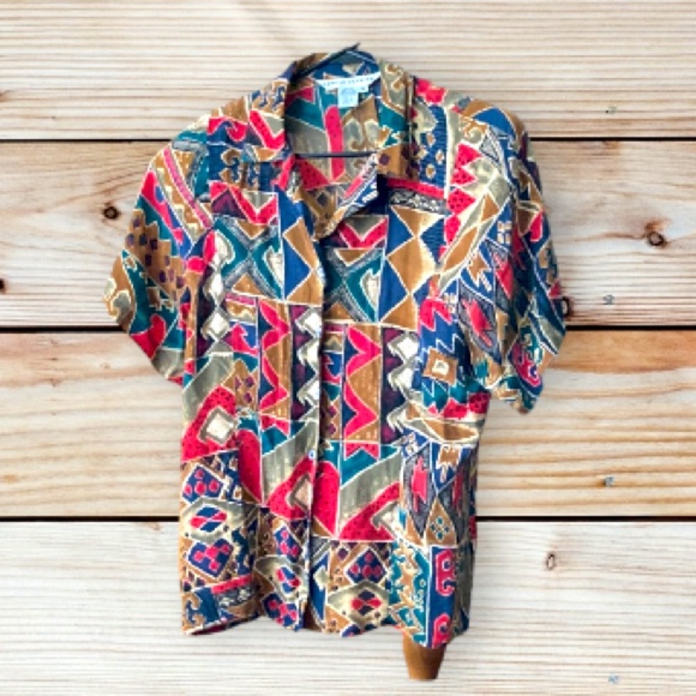 Annie Alexander Boho Print Silk Blouse Top Sz M